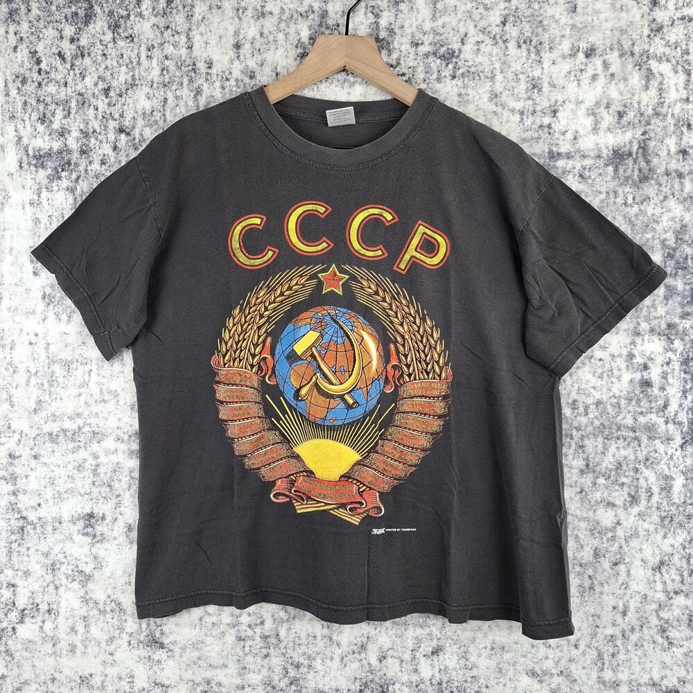 Vintage Soviet CCCP Russian Anthem T Shirt Size L Black Faded Short Sleeve 90's